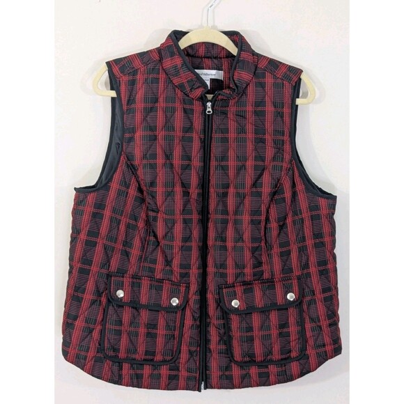 CROFT BARROW Women's Quilted Vest 1X Plus Red Plaid Full Zip Pockets Adjustable - Picture 1 of 10
